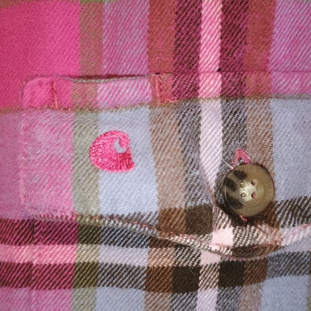 Carhartt Women’s Plaid Flannel Shirt Small Pink Green Double Pocket Outdoor Work - Picture 5 of 10